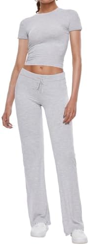 Women's 2 Piece Lounge Sets Straight Leg Pants Set Short Sleeve Crop T-shirt Casual Outfits Comfy Loungewear
