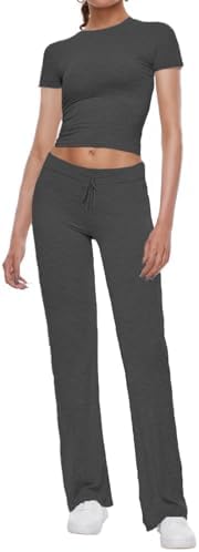 Women's 2 Piece Lounge Sets Straight Leg Pants Set Short Sleeve Crop T-shirt Casual Outfits Comfy Loungewear