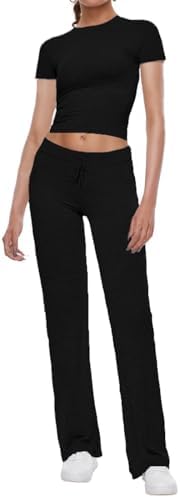 Women's 2 Piece Lounge Sets Straight Leg Pants Set Short Sleeve Crop T-shirt Casual Outfits Comfy Loungewear