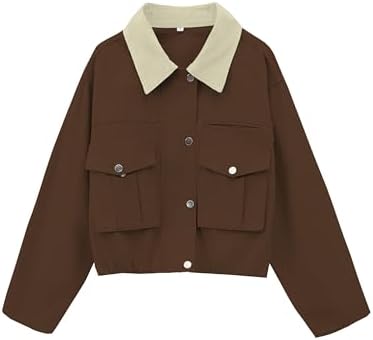 Womens Cropped Jacket Contrast Collar Utility Coat Cargo Jacket Barn Jacket Outwear with Pockets