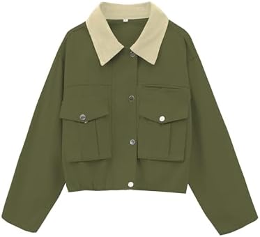 Womens Cropped Jacket Contrast Collar Utility Coat Cargo Jacket Barn Jacket Outwear with Pockets