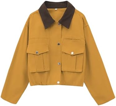 Womens Cropped Jacket Contrast Collar Utility Coat Cargo Jacket Barn Jacket Outwear with Pockets