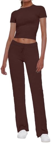 Women's 2 Piece Lounge Sets Straight Leg Pants Set Short Sleeve Crop T-shirt Casual Outfits Comfy Loungewear
