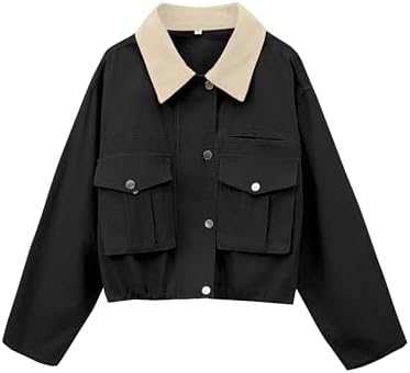 Womens Cropped Jacket Contrast Collar Utility Coat Cargo Jacket Barn Jacket Outwear with Pockets