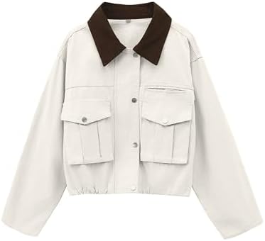 Womens Cropped Jacket Contrast Collar Utility Coat Cargo Jacket Barn Jacket Outwear with Pockets