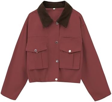 Womens Cropped Jacket Contrast Collar Utility Coat Cargo Jacket Barn Jacket Outwear with Pockets