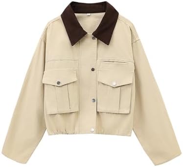 Womens Cropped Jacket Contrast Collar Utility Coat Cargo Jacket Barn Jacket Outwear with Pockets