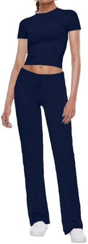 Women's 2 Piece Lounge Sets Straight Leg Pants Set Short Sleeve Crop T-shirt Casual Outfits Comfy Loungewear