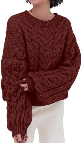 Womens Sweaters Fall 2025 Cable Knit Long Sleeve Crewneck Oversized Sweater Chunky Pullover Loose Outfits