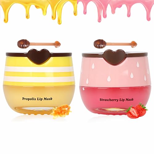 6 PCS Bee Lip Balm Lip Mask Honey Pot, Propolis Lip Mask Overnight Moisturizing Lip Balm with Stick, Sleeping Lip mask Hydrating Prevention Dry & Cracked, Reduce lip Lines