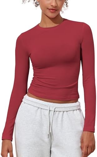 Women's Cotton Jersey Long Sleeve Shirts Tight Fit Crewneck Crop Tops Basic Fall Going Out Y2K Tops