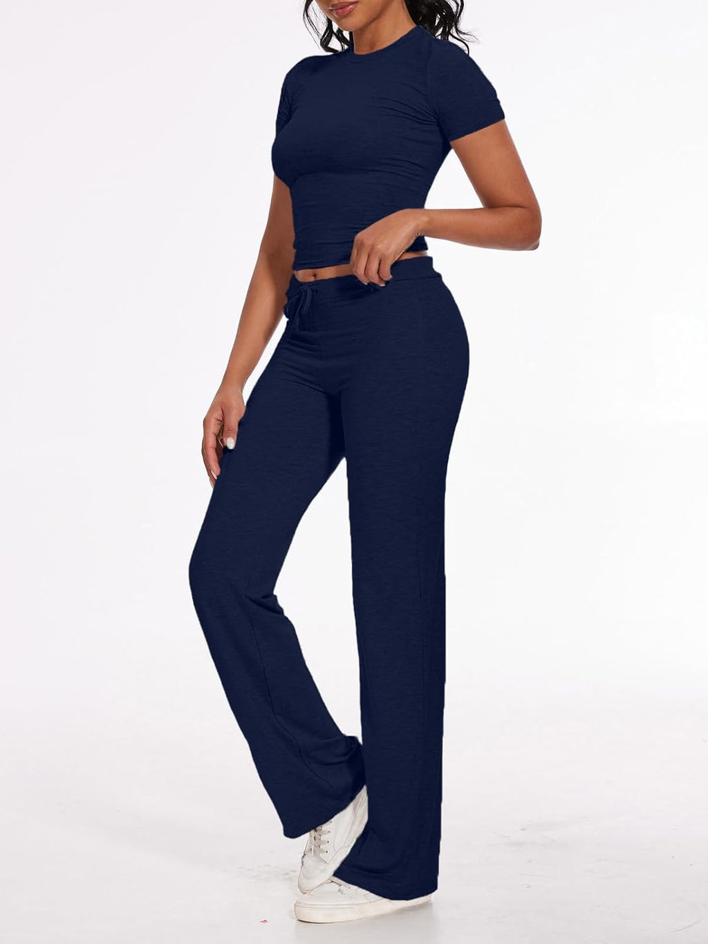 Women's 2 Piece Lounge Sets Straight Leg Pants Set Short Sleeve Crop T-shirt Casual Outfits Comfy Loungewear