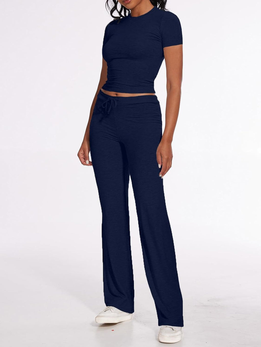 Women's 2 Piece Lounge Sets Straight Leg Pants Set Short Sleeve Crop T-shirt Casual Outfits Comfy Loungewear