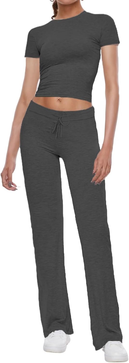 Women's 2 Piece Lounge Sets Straight Leg Pants Set Short Sleeve Crop T-shirt Casual Outfits Comfy Loungewear