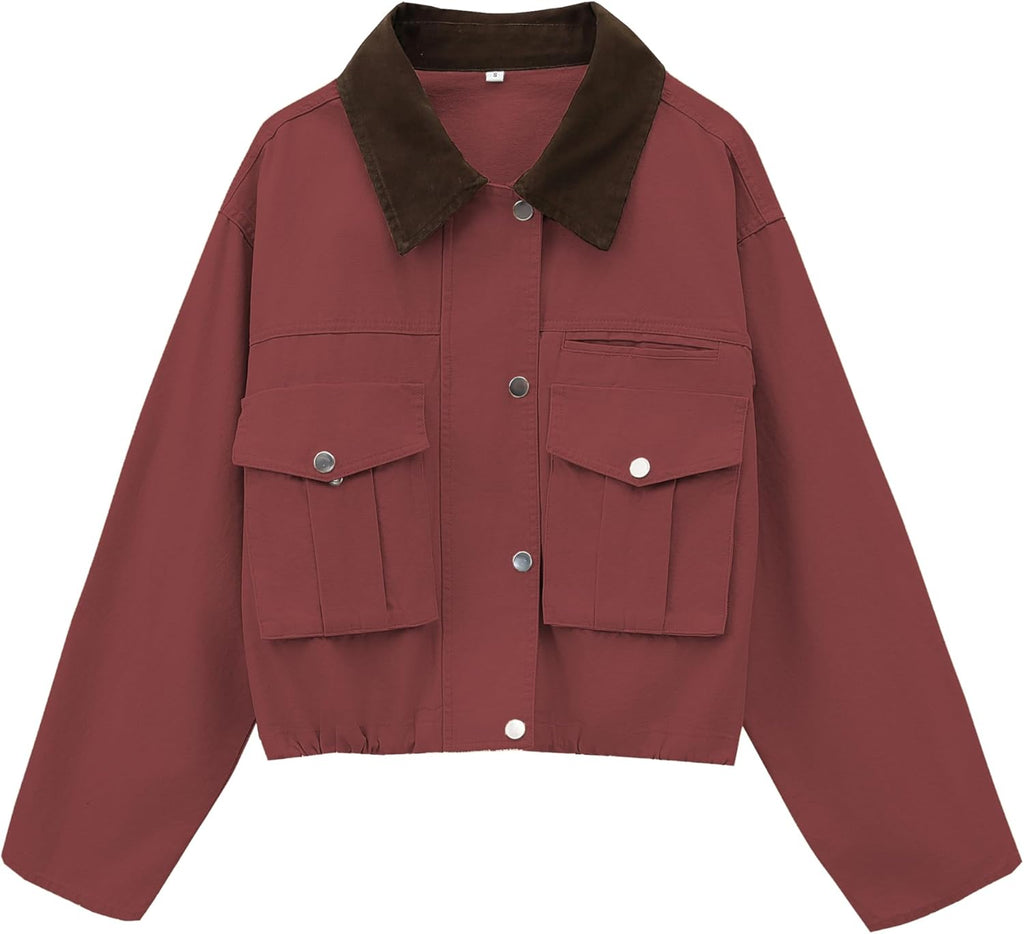 Womens Cropped Jacket Contrast Collar Utility Coat Cargo Jacket Barn Jacket Outwear with Pockets