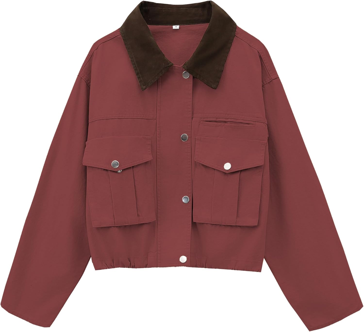 Womens Cropped Jacket Contrast Collar Utility Coat Cargo Jacket Barn Jacket Outwear with Pockets