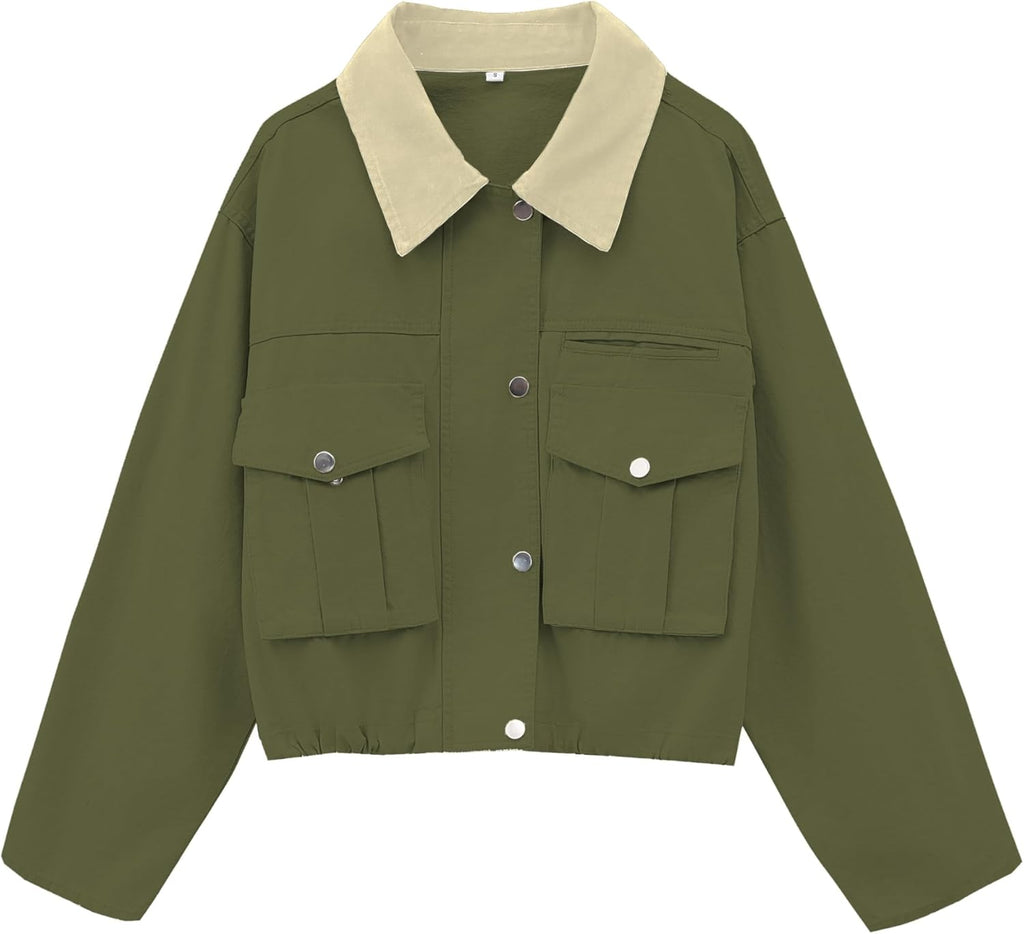 Womens Cropped Jacket Contrast Collar Utility Coat Cargo Jacket Barn Jacket Outwear with Pockets