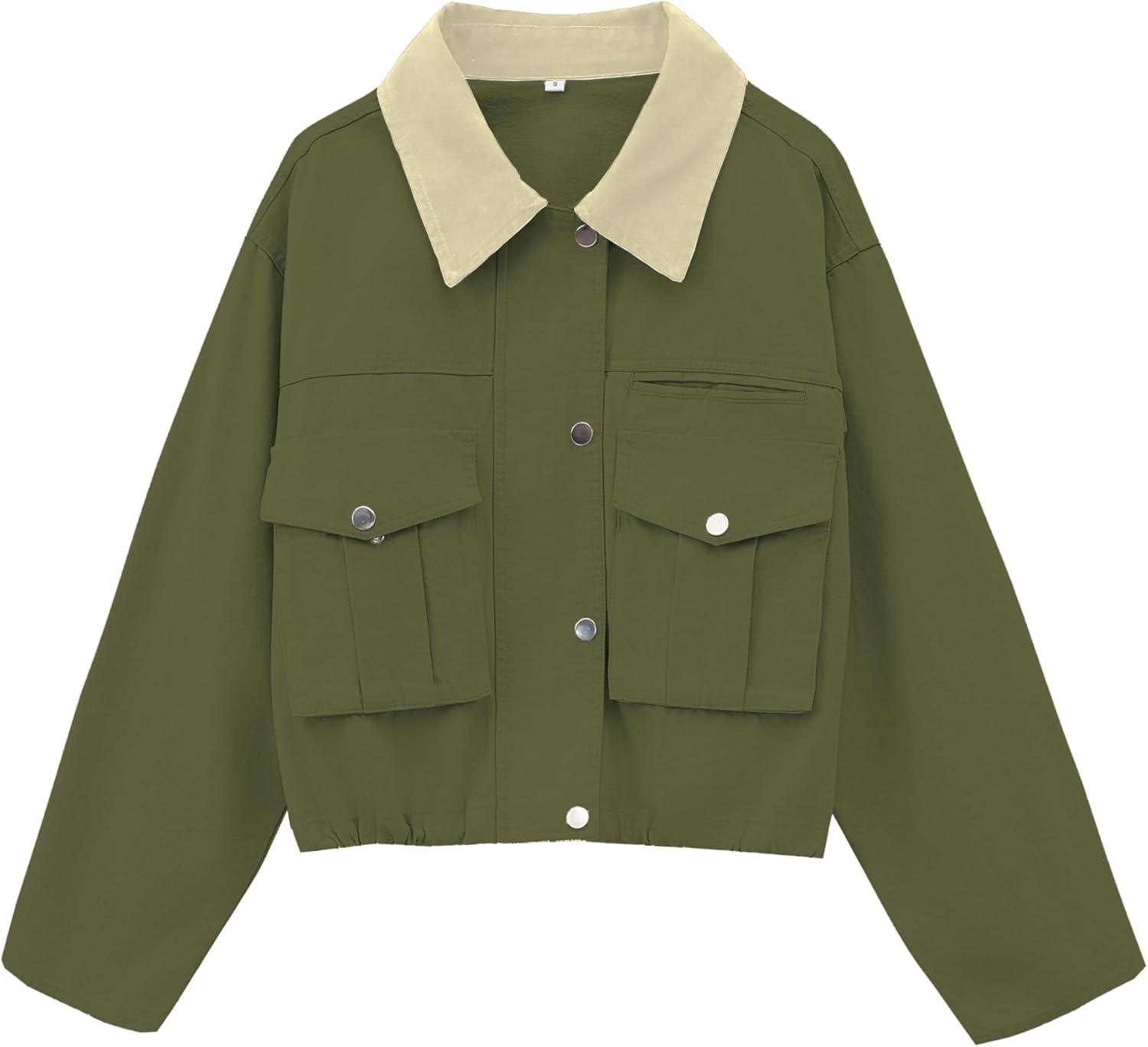 Womens Cropped Jacket Contrast Collar Utility Coat Cargo Jacket Barn Jacket Outwear with Pockets