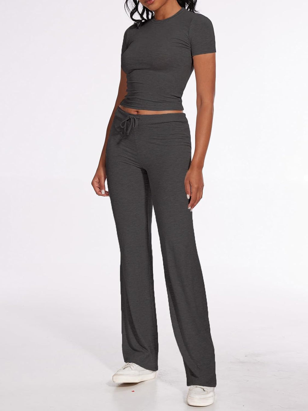 Women's 2 Piece Lounge Sets Straight Leg Pants Set Short Sleeve Crop T-shirt Casual Outfits Comfy Loungewear