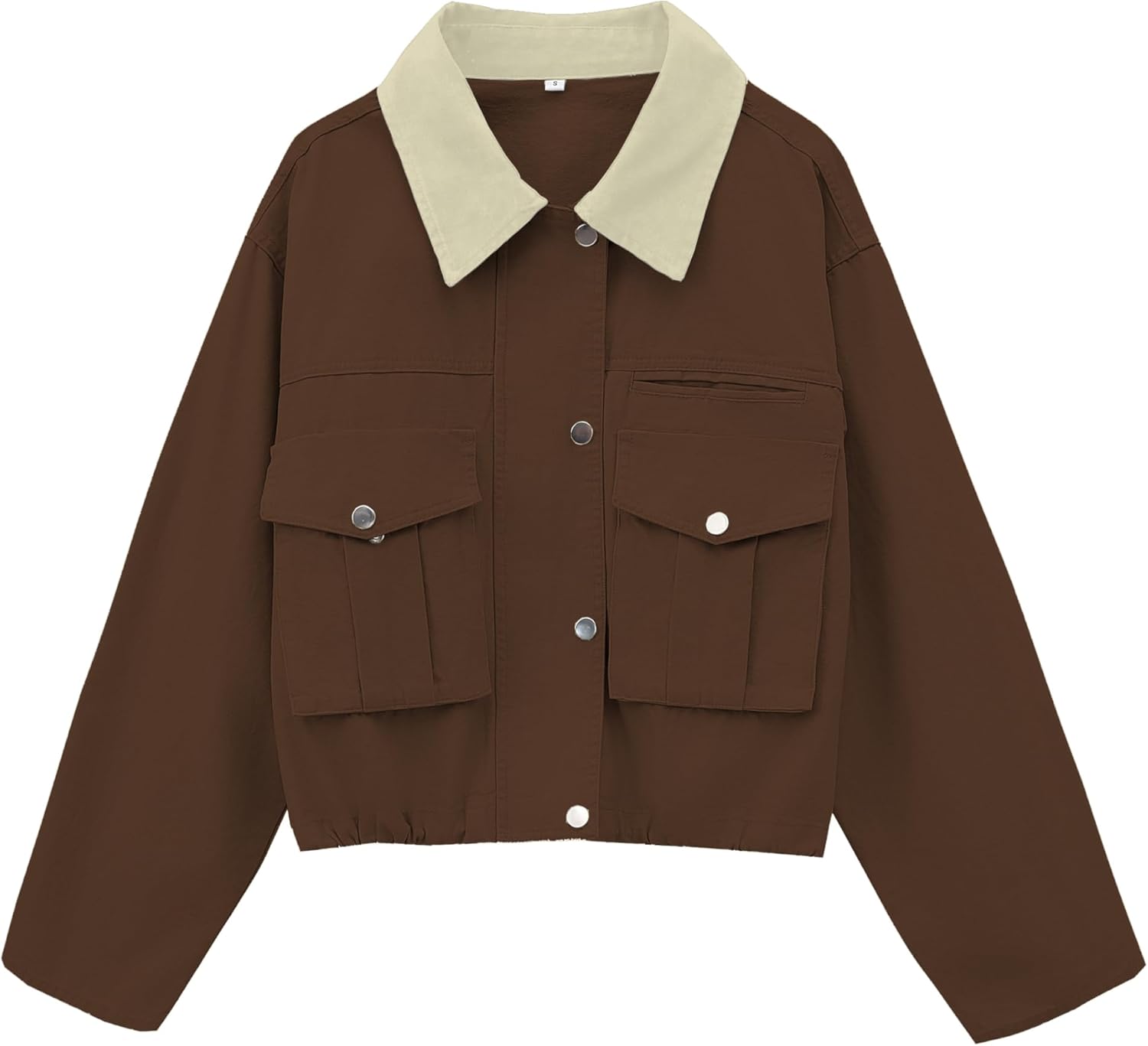 Womens Cropped Jacket Contrast Collar Utility Coat Cargo Jacket Barn Jacket Outwear with Pockets