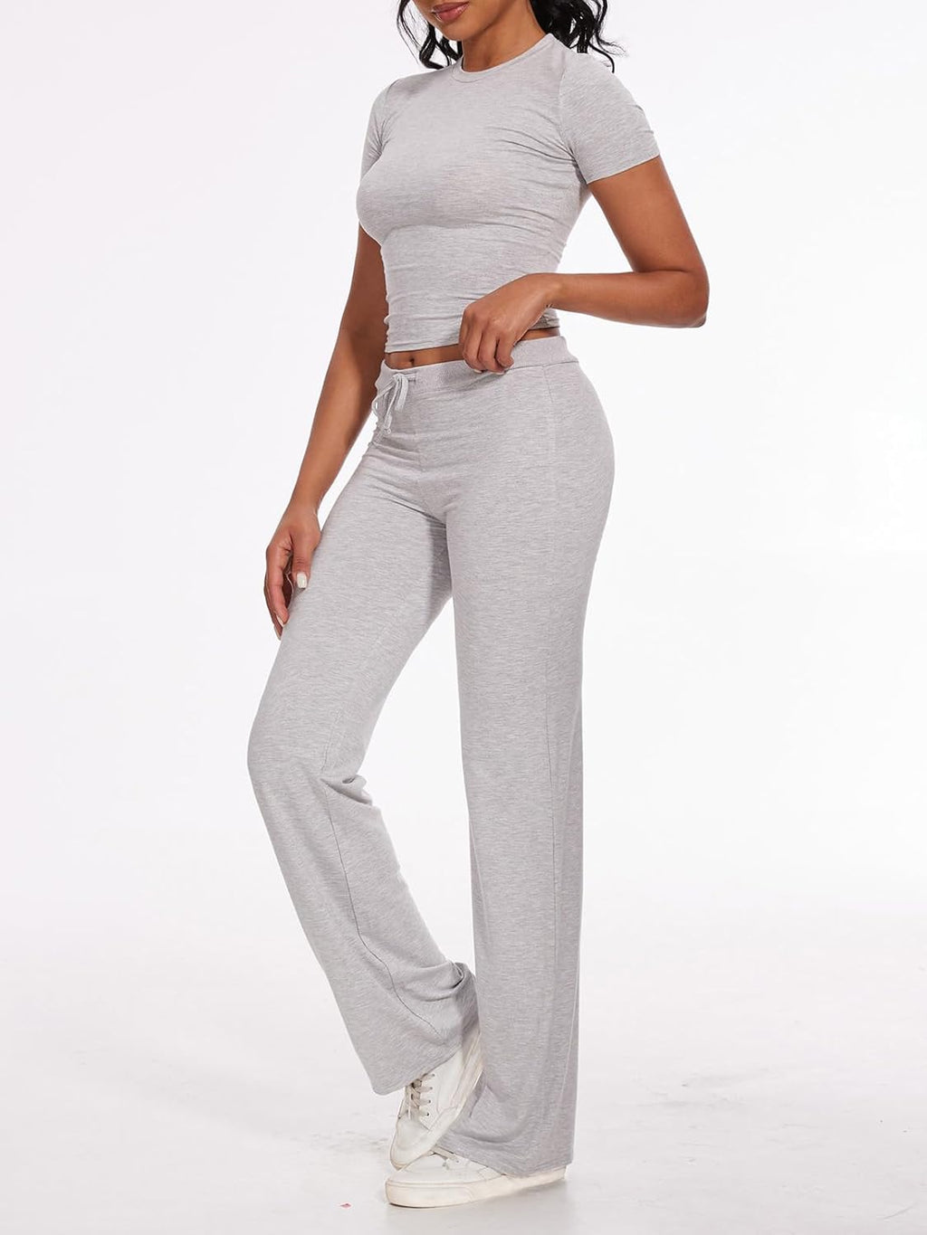 Women's 2 Piece Lounge Sets Straight Leg Pants Set Short Sleeve Crop T-shirt Casual Outfits Comfy Loungewear