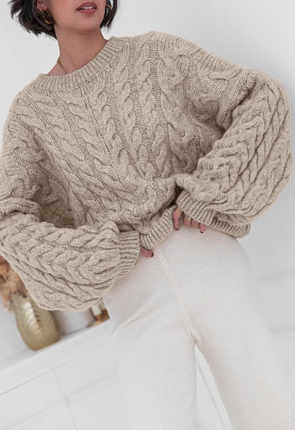 Womens Sweaters Fall 2025 Cable Knit Long Sleeve Crewneck Oversized Sweater Chunky Pullover Loose Outfits