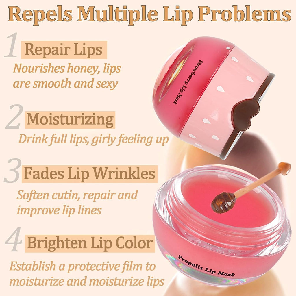 6 PCS Bee Lip Balm Lip Mask Honey Pot, Propolis Lip Mask Overnight Moisturizing Lip Balm with Stick, Sleeping Lip mask Hydrating Prevention Dry & Cracked, Reduce lip Lines