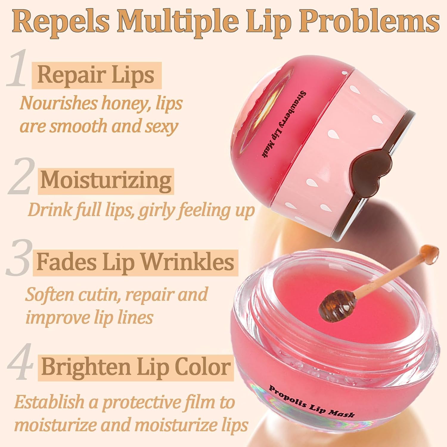 6 PCS Bee Lip Balm Lip Mask Honey Pot, Propolis Lip Mask Overnight Moisturizing Lip Balm with Stick, Sleeping Lip mask Hydrating Prevention Dry & Cracked, Reduce lip Lines