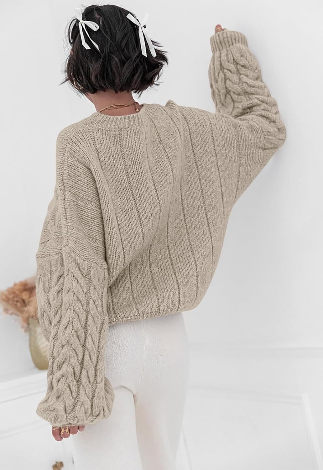 Womens Sweaters Fall 2025 Cable Knit Long Sleeve Crewneck Oversized Sweater Chunky Pullover Loose Outfits