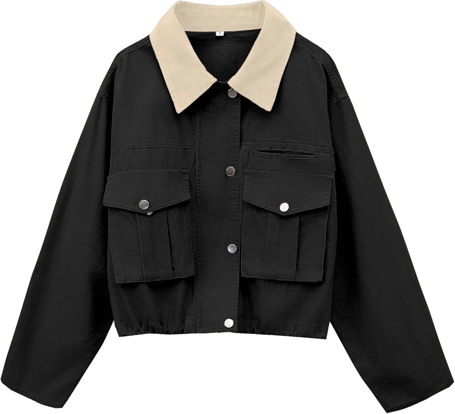Womens Cropped Jacket Contrast Collar Utility Coat Cargo Jacket Barn Jacket Outwear with Pockets