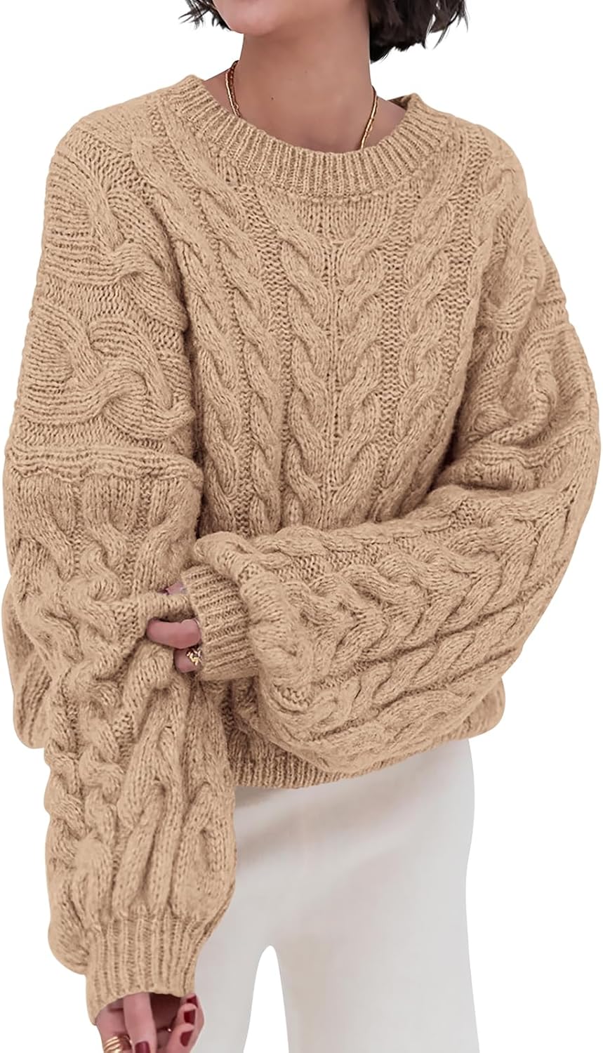 Womens Sweaters Fall 2025 Cable Knit Long Sleeve Crewneck Oversized Sweater Chunky Pullover Loose Outfits