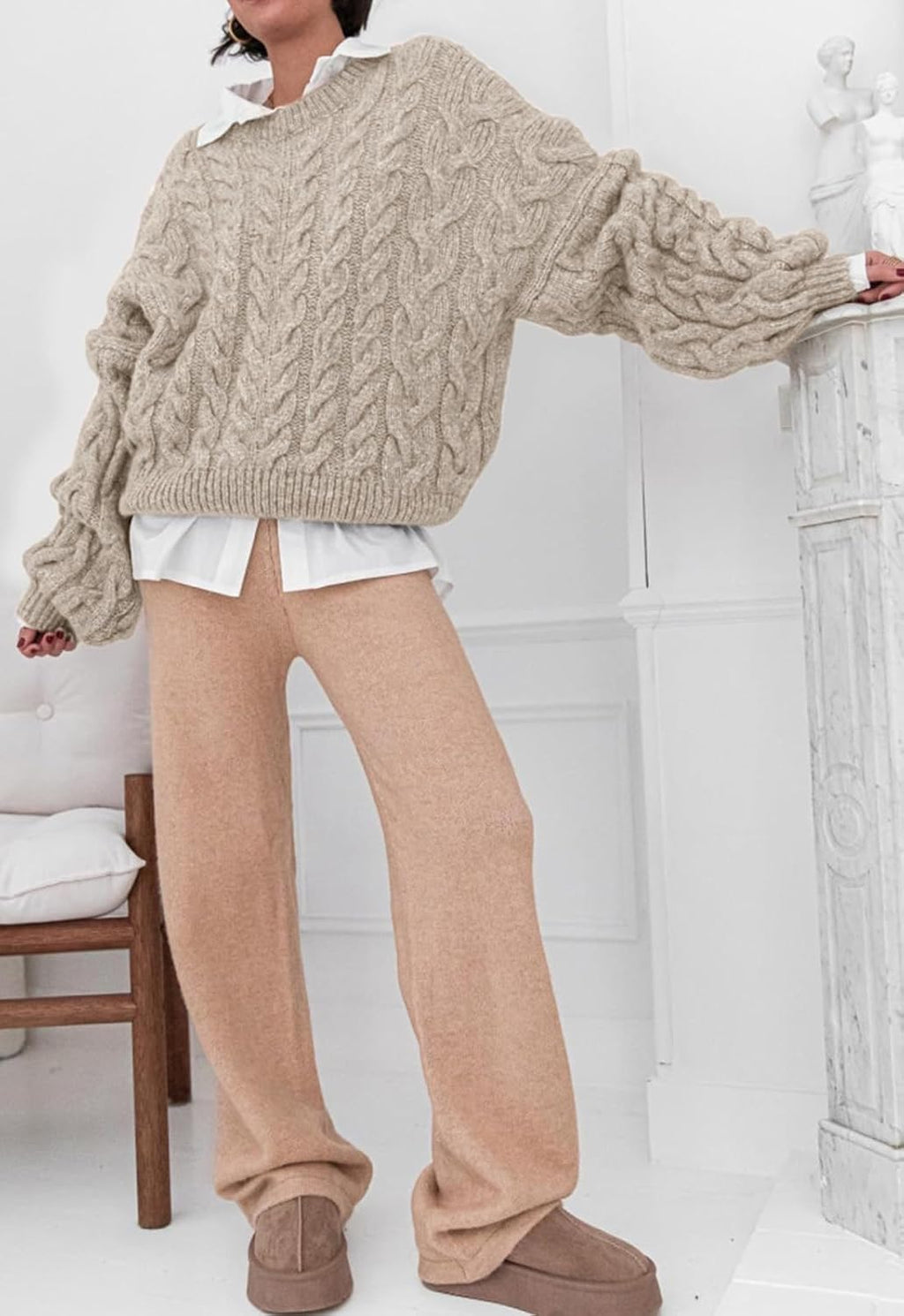 Womens Sweaters Fall 2025 Cable Knit Long Sleeve Crewneck Oversized Sweater Chunky Pullover Loose Outfits
