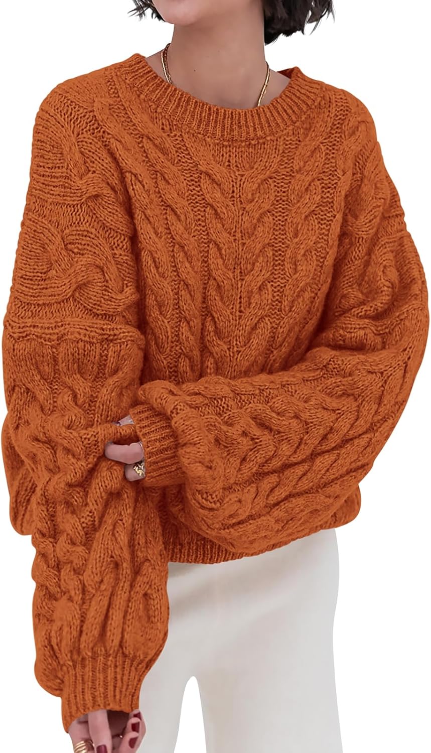 Womens Sweaters Fall 2025 Cable Knit Long Sleeve Crewneck Oversized Sweater Chunky Pullover Loose Outfits