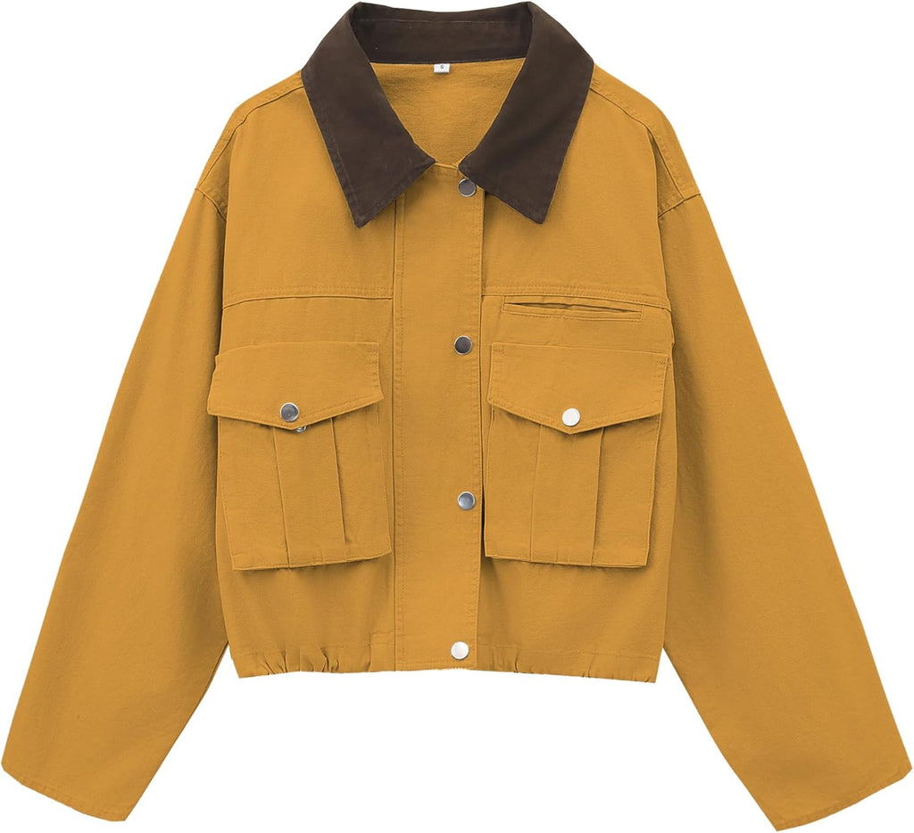 Womens Cropped Jacket Contrast Collar Utility Coat Cargo Jacket Barn Jacket Outwear with Pockets