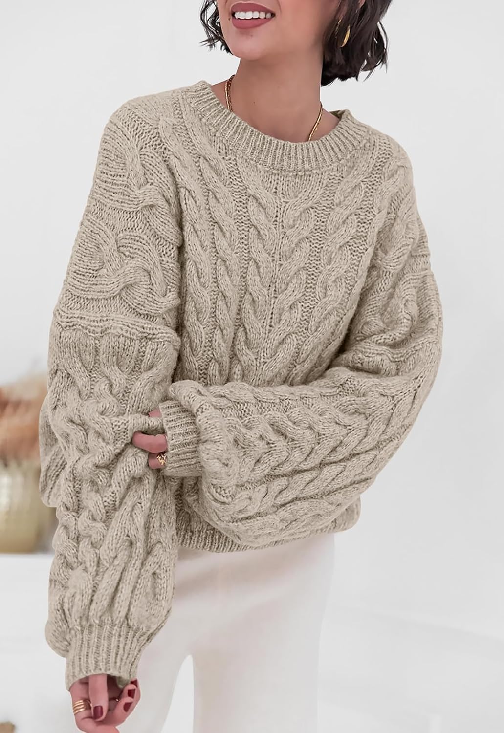 Womens Sweaters Fall 2025 Cable Knit Long Sleeve Crewneck Oversized Sweater Chunky Pullover Loose Outfits