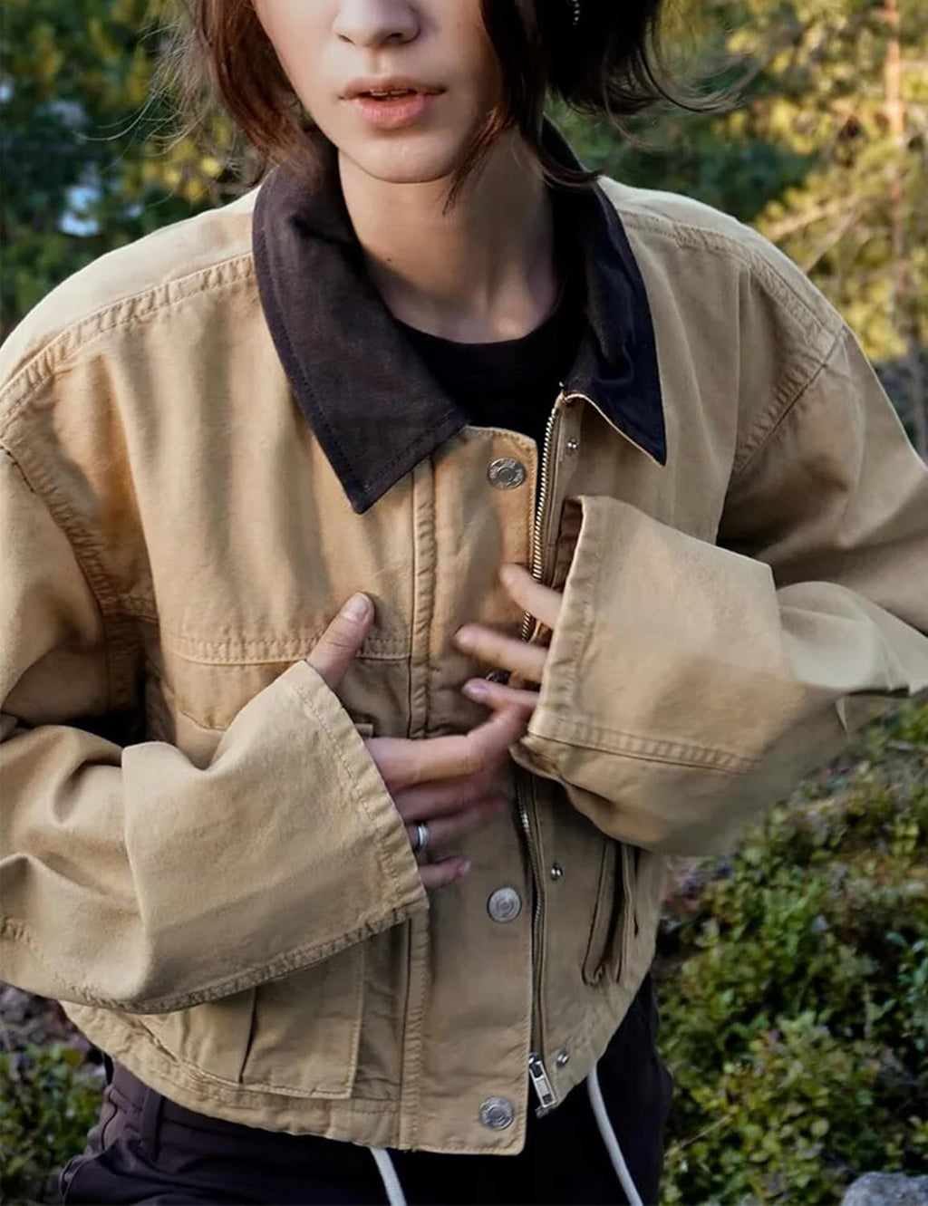 Womens Cropped Jacket Contrast Collar Utility Coat Cargo Jacket Barn Jacket Outwear with Pockets