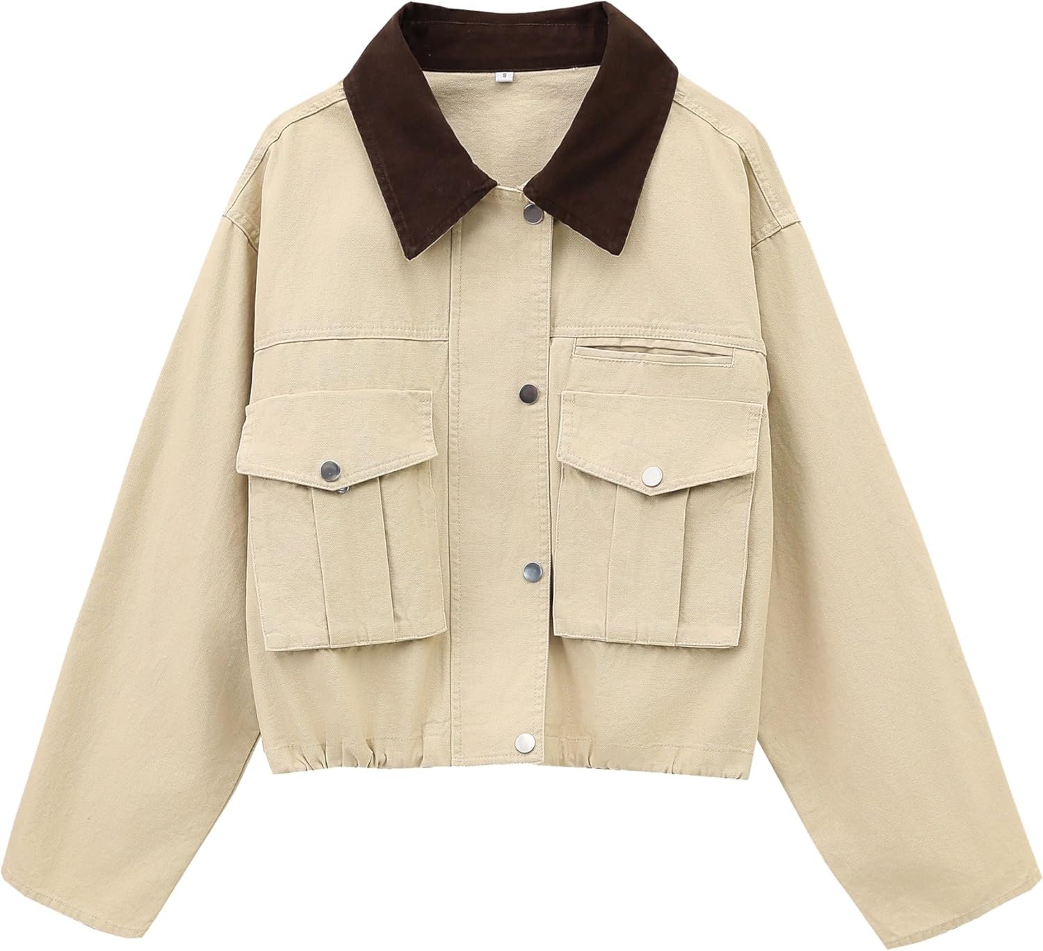 Womens Cropped Jacket Contrast Collar Utility Coat Cargo Jacket Barn Jacket Outwear with Pockets