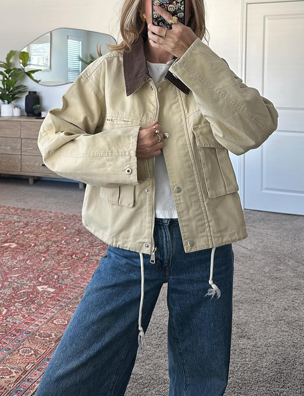 Womens Cropped Jacket Contrast Collar Utility Coat Cargo Jacket Barn Jacket Outwear with Pockets