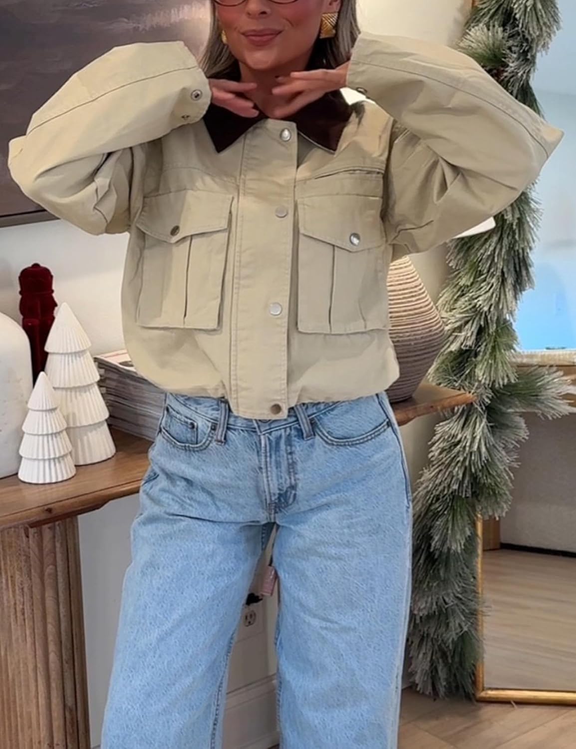 Womens Cropped Jacket Contrast Collar Utility Coat Cargo Jacket Barn Jacket Outwear with Pockets