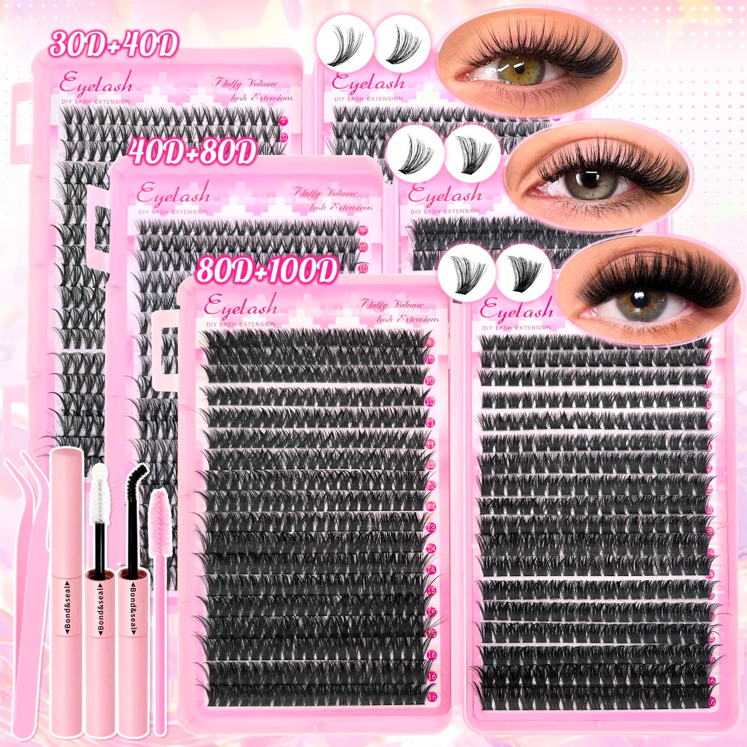 Lash Extension Kit Clusters Individual Eyelashes Kit 9-16mm with Bond