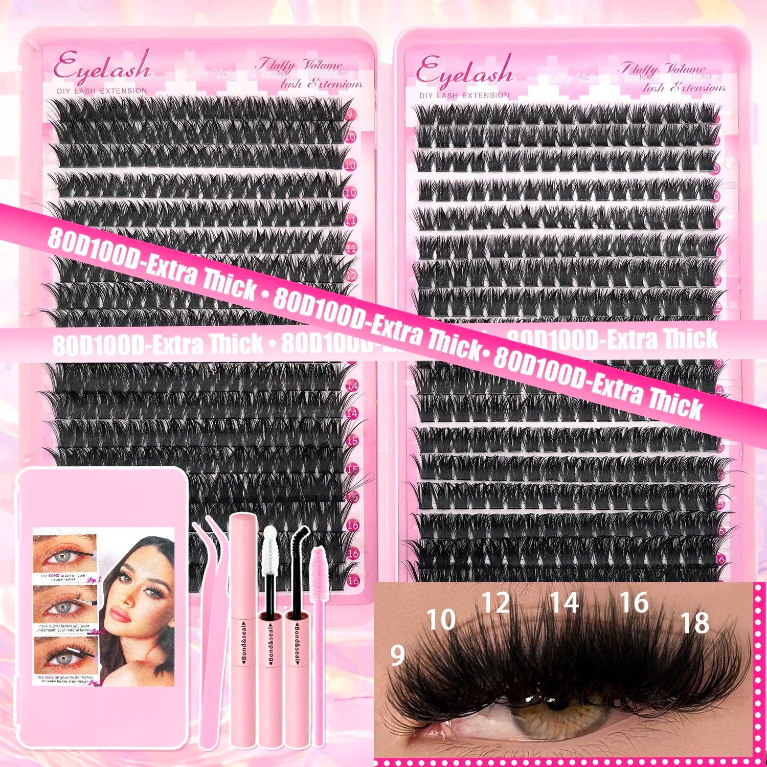 Lash Extension Kit Clusters Individual Eyelashes Kit 9-16mm with Bond