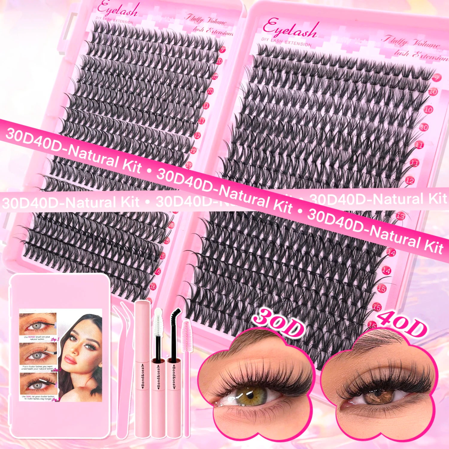 Lash Extension Kit Clusters Individual Eyelashes Kit 9-16mm with Bond