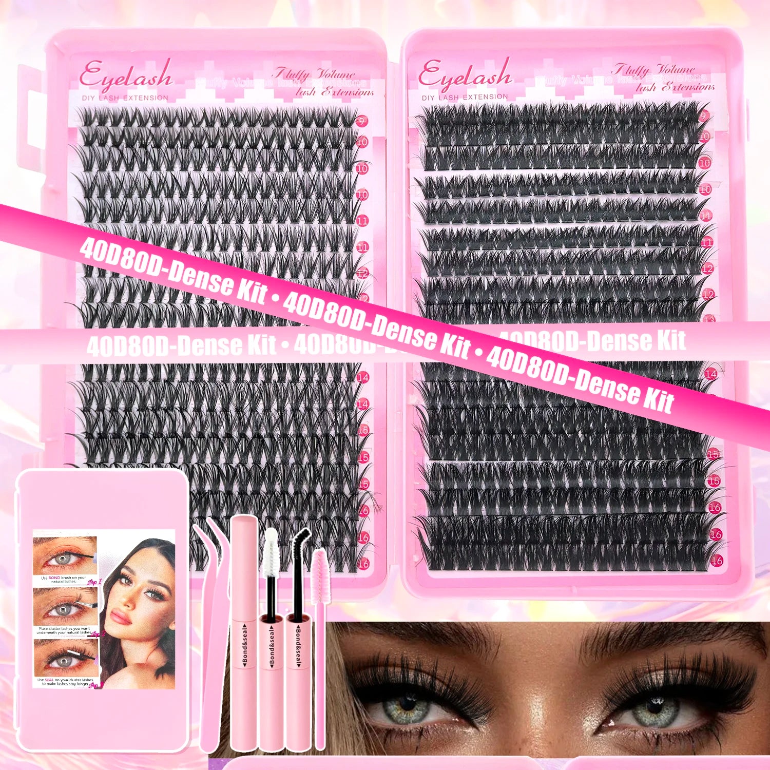 Lash Extension Kit Clusters Individual Eyelashes Kit 9-16mm with Bond