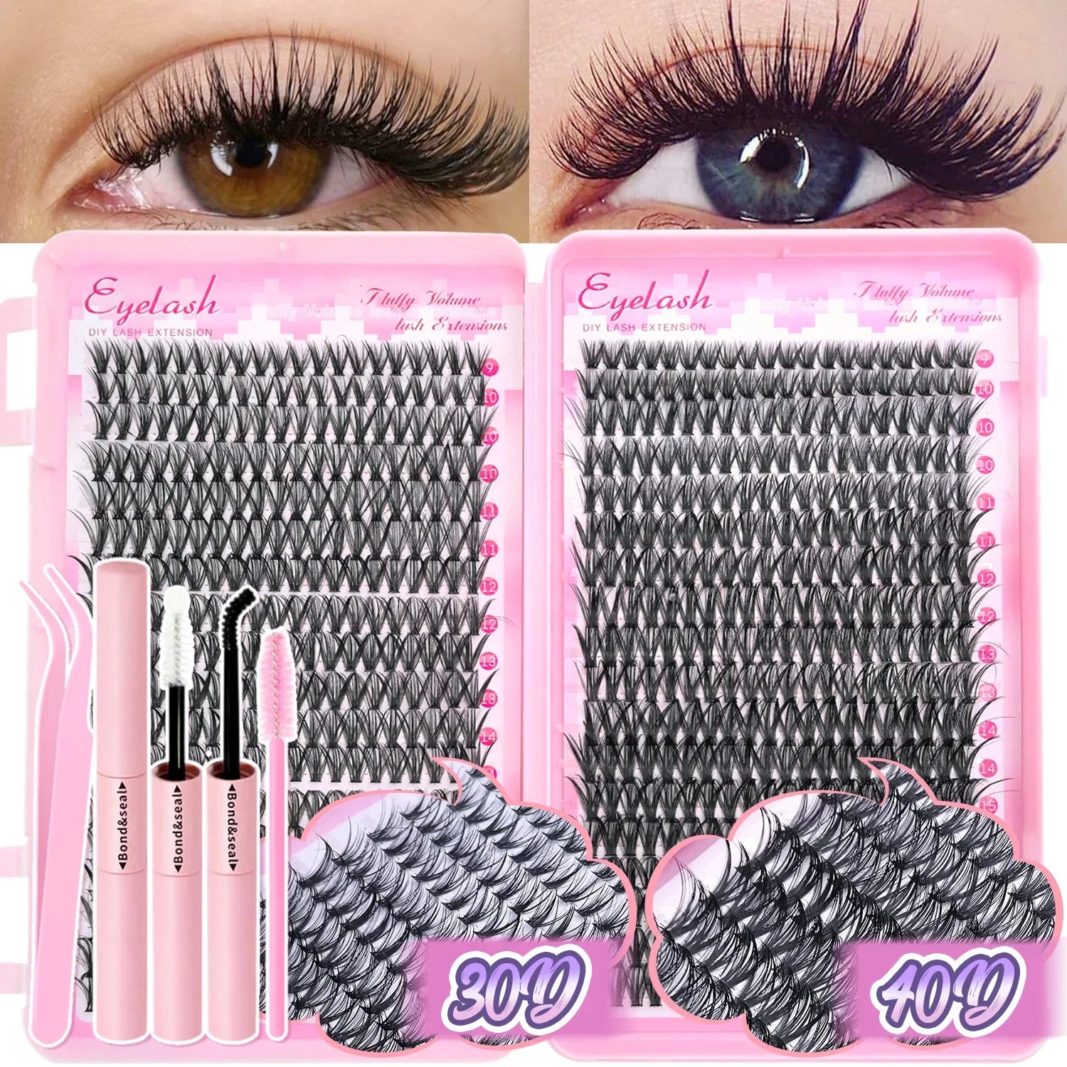 Lash Extension Kit Clusters Individual Eyelashes Kit 9-16mm with Bond